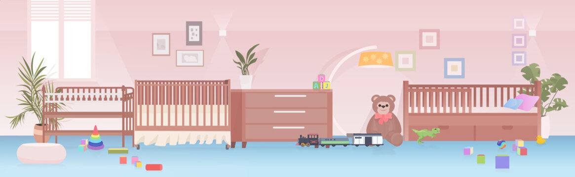 modern children's room interior empty no people kids bedroom with crib for newborn baby horizontal vector illustration
