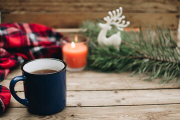 Obraz na płótnie Canvas Flat lay winter cozy Christmas vintage background with. The cup of tea or coffee. Christmas atmosphere.