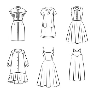 Collection of different woman fashion dress, isolated on white background, front view