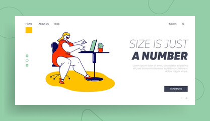 Bodypositive, Femininity Landing Page Template. Corpulent Woman in Short Red Dress Sitting at Office Desk Working on Laptop. Confident Plus Size Female Character Enjoy Life. Linear Vector Illustration