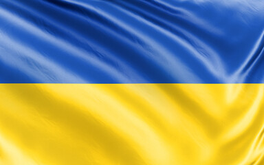 Banner. Realistic flag. Ukraine flag blowing in the wind. Background silk texture. 3d illustration.