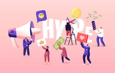 Hype, Social Media Viral or Fake Content Spreading Concept. Tiny Characters with Huge Letters and Megaphone. Money Bills Flying around. Poster Banner Flyer. Cartoon People Vector Illustration