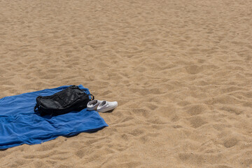 towel,bag and flip flops on sandy beach and landscape of tropical beach-copy space - 355905365