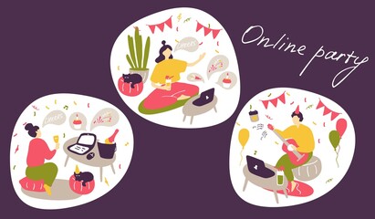 Online party concept. People communicate online, celebrate holidays, make dates. Modern lifestyle, life on Internet. Flat vector illustration