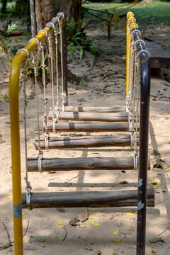 the rope and wood ladder at playground in Thailand.