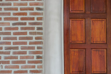 wood door with red brick wall texture background. - 355906370