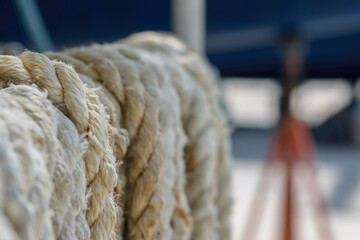 Selective focus Sailing ship ropes background. - 355906580