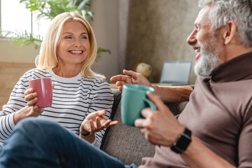 Happy middle aged couple sitting on sofa in living room talking enjoying tea at home