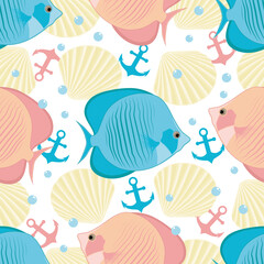 Seamless texture with the image of fish, anchors, shells. Marine vector image.