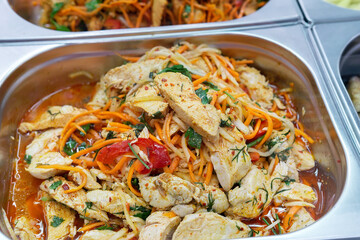 Korean salad with chicken and vegetables. close-up, Korean cuisine