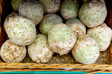 celery root on the shelves of the market. one of the most common dietary products