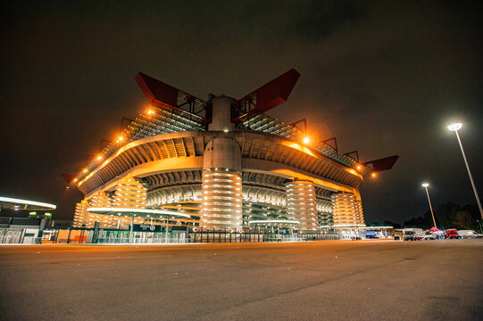 Milan, Italy - October 1, 2019: San Siro football stadium is the home of two teams A.C. Milan and F.C. Internazionale Milano. Rear view on arena after game Atalanta - Shakhtar
