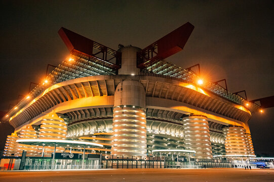 Milan, Italy - October 1, 2019: San Siro football stadium is the home of two teams A.C. Milan and F.C. Internazionale Milano. Rear view on arena after game Atalanta - Shakhtar