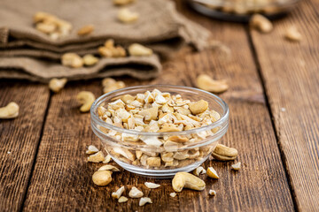 Chopped Cashew nuts (close-up shots, selective focus)