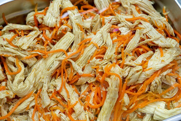 soy asparagus salad with carrots sale of finished products in the market, hypermarket