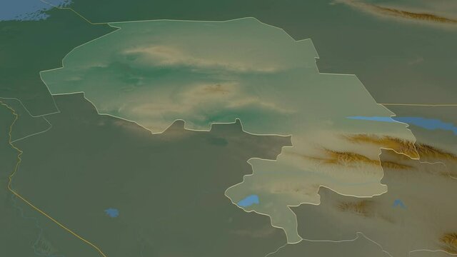 Navoi, region with its capital, zoomed and extruded on the relief map of Uzbekistan in the conformal Stereographic projection. Animation 3D