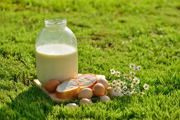 Ballon of milk, bread and eggs on the grass