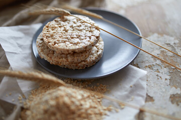 Cereal bread on vintage wooden table. Top side view with copy space. Selective focus