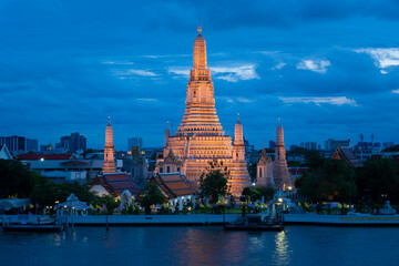 Wat Arun landmark of Bangkok at dusk with beautiful scene.