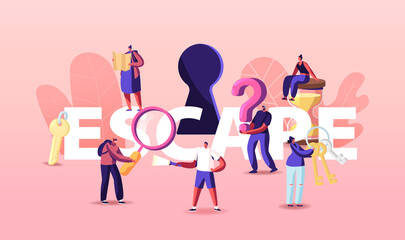Escape Room Concept, Tiny Characters Playing Quest Game Solve Puzzle During Riddle. Friends Company Adventure Recreation. People with Key and Hourglass Poster Banner Flyer. Cartoon Vector Illustration