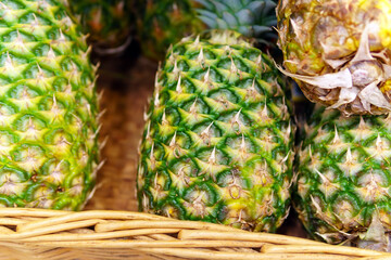 Market for pineapple fruit. Close up. Bio Food On A Health Food Store Counter