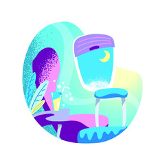 Passenger plane interior with the moon outside window. Business class in airplane. Travel by air.