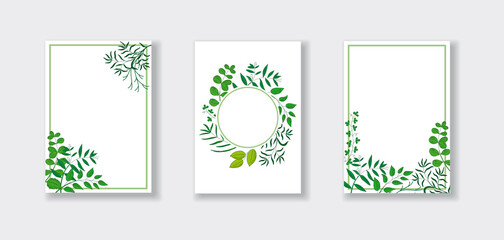 Invitation cards with natural leaves, herbs, grass and branch.