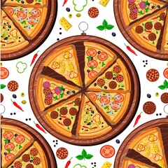 Pizza slices on wooden tray, Italian dish seamless pattern