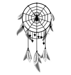white black colored image of dreamcatcher with feathers and spider