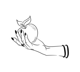 A female hand with long nails, holding an apple, a witch, spells, magic. Illustration, graphics