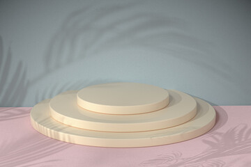 Round object stand with leaf shadow background, 3d rendering.