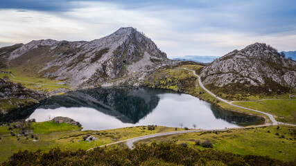 mountain landscape with lake and mountains