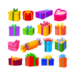 Set of Gifts Isolated on White Background. Colorful Present Boxes of Different Shapes Wrapped with Ribbons and Bows for Christmas, Boxing Day, Birthday Celebration. Cartoon Vector Illustration, Icons