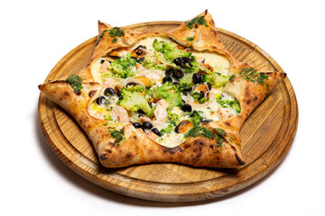 Star shaped pizza with cheese and seafood on a white background