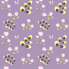 illustration of pattern of plant elements flowers leaves butterfly