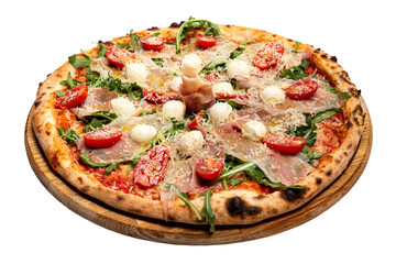 Pizza with cheese, meat and tomatoes on a white background