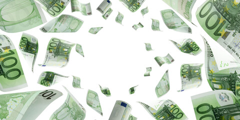Counting euro banknote falling isolated. Money cash texture on white background. - obrazy, fototapety, plakaty