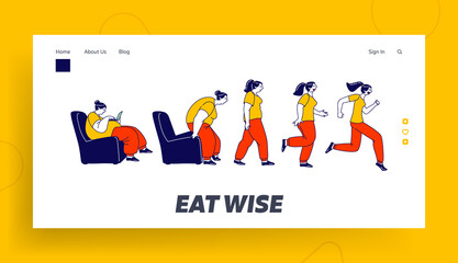 Obraz na płótnie Canvas Weight Loss Landing Page Template. Fat Female Character Getting Up, Running and Become Thin Transformation. Stage by Stage of Obese Woman Turning into Healthy Body. Linear People Vector Illustration