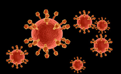 Coronavirus cells or bacteria molecule. Virus Covid-19. Virus isolated on black. Bacteria, cell infected organism. 3d Rendering