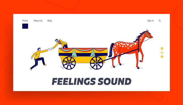 Jump on the Bandwagon Landing Page Template. Male Character Follower Chasing and Jumping into Wagon Pulled with Horse. Join Activity that Become Very Popular. Linear People Vector Illustration