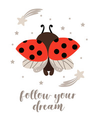 poster follow your dream with ladybug - vector illustration, eps
