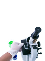 Hands wearing white rubber gloves, carrying green chemical liquid. To check with a microscopic camera, scientific research concepts, white isolated background