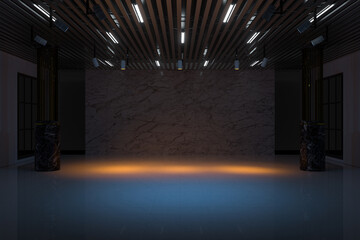 The empty showroom with glowing lights, 3d rendering.