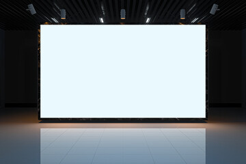 The glowing blank wall in the large showroom. 3d rendering.