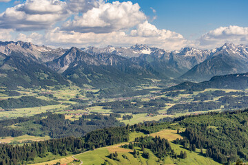 Fototapeta na wymiar spectacular panoramic view over the Iller vally to the Allgau High Alps between Sonthofen and Oberstdorf, Allgau Alps, Bavaria, Germany, Landscape photography