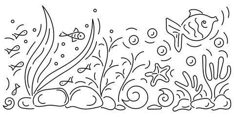 Copy the space for the text. Under water. Marine vector motif . Doodle of the underwater world, sea, ocean, river . Monochrome. Aquariums