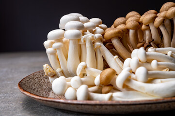 Fresh buna brown and bunapi white shimeji edible mushrooms from Asia, rich in umami tasting compounds such as guanylic and glutamic acid