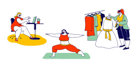 Plus Size Women Lifestyle. Fatty Female Characters Working in Office, Sports Exercising and Choose Modern Dress in Store. Bodypositive, Beauty, Dieting Concept. Linear People Vector Illustration