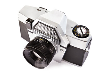 Old vintage photo SLR camera isolated white
