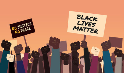 Stock vector illustration of anti-racist protesters with "Black Lives Matter" and "No justice, No peace" signs. Protest against racial injustice and the death of 